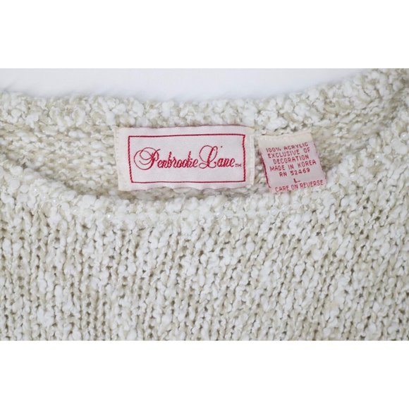 Vintage Penbrooke Lane Beige Floral Long Sleeve Beaded Pearl Accent Sweater L - Picture 7 of 7